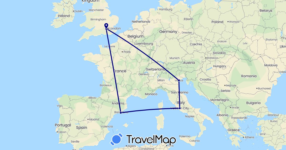 TravelMap itinerary: driving in Spain, United Kingdom, Italy (Europe)